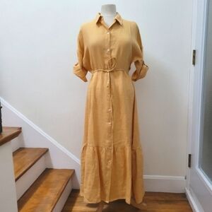 NWOT CHARLIE B 100% Linen Short Sleeves Tiered Shirt Maxi Dress Medium